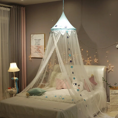 Kids Bed Canopy With Pom Pom Detail - Pink, Blue & Grey