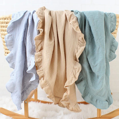 Organic Cotton Ruffled Muslin Baby Swaddle Blanket - 4 Colours