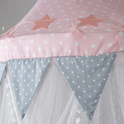 Kids Bed Canopy With Pom Pom Detail - Pink, Blue & Grey