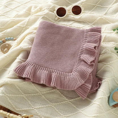 Knitted Cotton Muslin Swaddle Blanket for Baby with Ruffle Trim - Ivory, Grey, Beige, Pink & Sage Green
