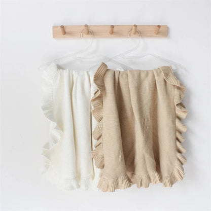Knitted Cotton Muslin Swaddle Blanket for Baby with Ruffle Trim - Ivory, Grey, Beige, Pink & Sage Green
