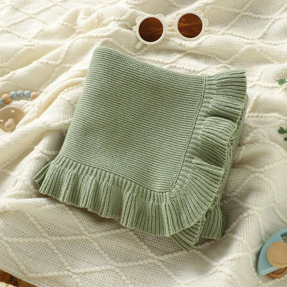 Knitted Cotton Muslin Swaddle Blanket for Baby with Ruffle Trim - Ivory, Grey, Beige, Pink & Sage Green
