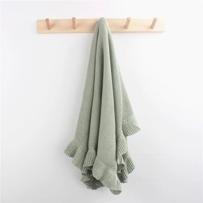 Knitted Cotton Muslin Swaddle Blanket for Baby with Ruffle Trim - Ivory, Grey, Beige, Pink & Sage Green