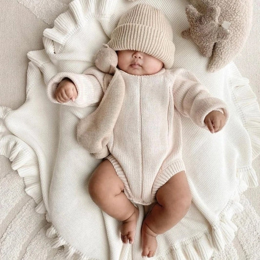 Knitted Cotton Muslin Swaddle Blanket for Baby with Ruffle Trim - Ivory, Grey, Beige, Pink & Sage Green