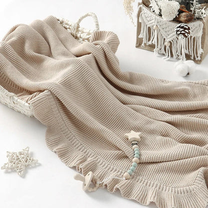 Knitted Cotton Muslin Swaddle Blanket for Baby with Ruffle Trim - Ivory, Grey, Beige, Pink & Sage Green