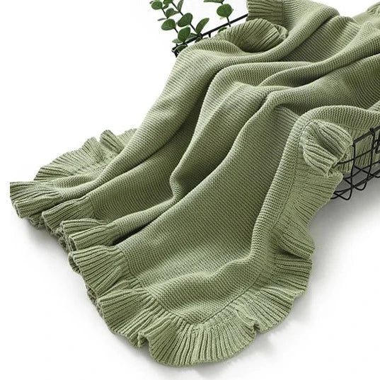 Knitted Cotton Muslin Swaddle Blanket for Baby with Ruffle Trim - Ivory, Grey, Beige, Pink & Sage Green