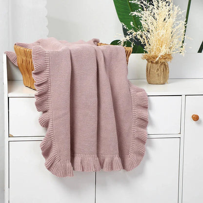 Knitted Cotton Muslin Swaddle Blanket for Baby with Ruffle Trim - Ivory, Grey, Beige, Pink & Sage Green