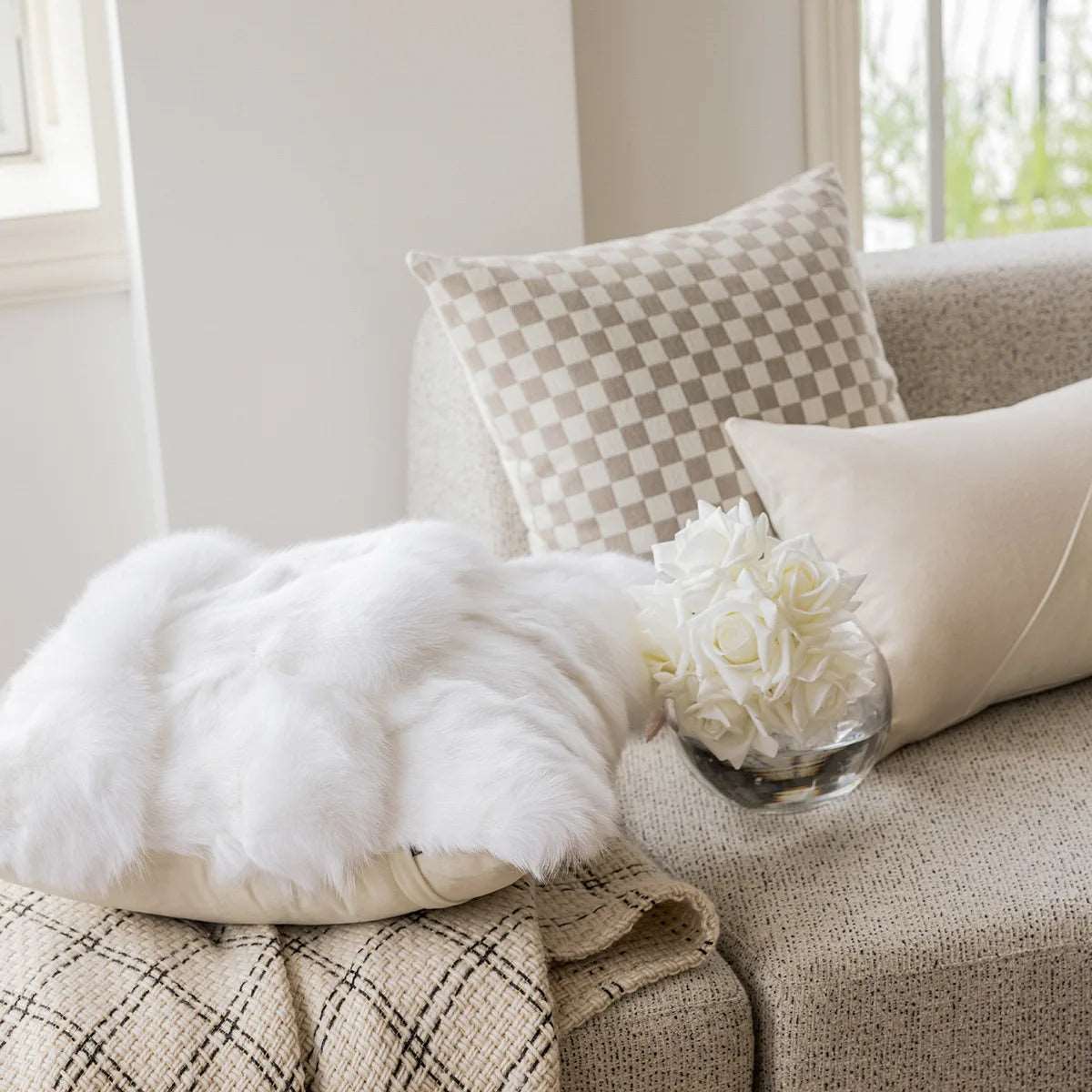 Luxurious White & Beige Velvet Decoration Cushion Cover