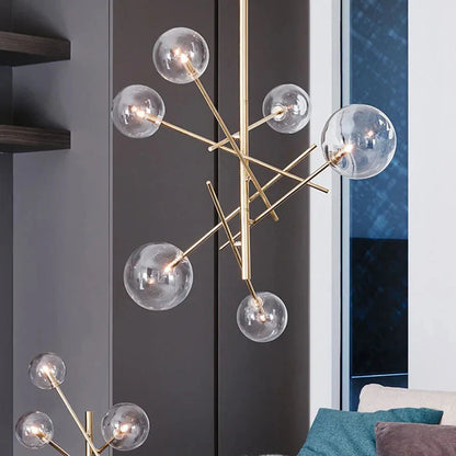 Modern Minimalist Bubble Clear & Amber Glass Bar Pendant Chandelier - Gold & Black