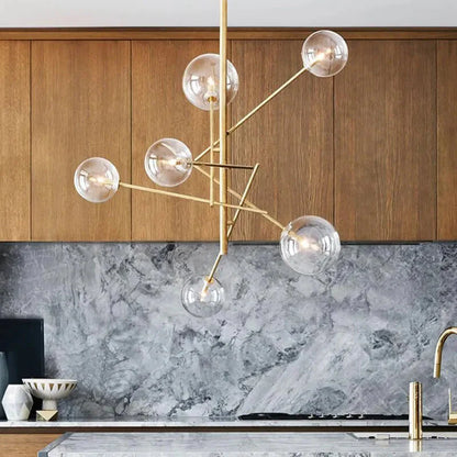 Modern Minimalist Bubble Clear & Amber Glass Bar Pendant Chandelier - Gold & Black