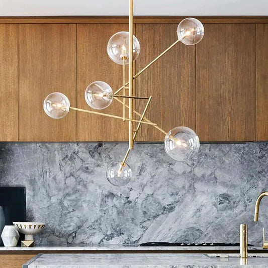 Modern Minimalist Bubble Clear & Amber Glass Bar Pendant Chandelier - Gold & Black