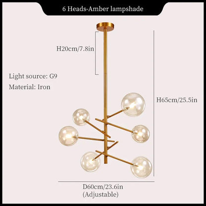Modern Minimalist Bubble Clear & Amber Glass Bar Pendant Chandelier - Gold & Black