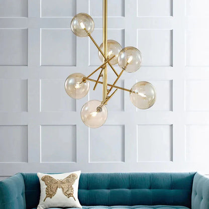 Modern Minimalist Bubble Clear & Amber Glass Bar Pendant Chandelier - Gold & Black