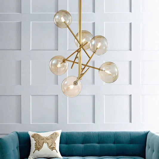Modern Minimalist Bubble Clear & Amber Glass Bar Pendant Chandelier - Gold & Black