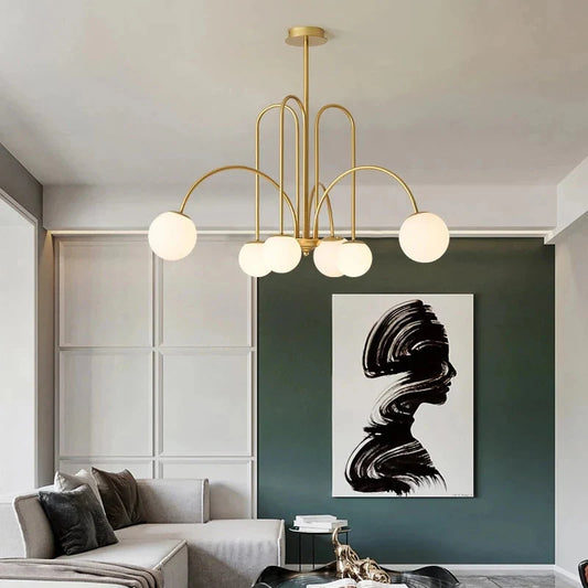 Modern Scandi Opal LED Glass Sphere Pendant Chandelier - Gold & Black