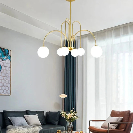 Modern Scandi Opal LED Glass Sphere Pendant Chandelier - Gold & Black