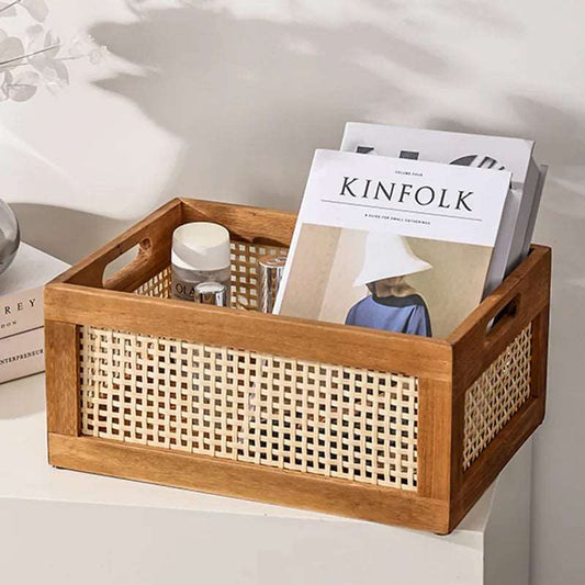 Natural Rattan Solid Wood Storage Box Organiser - 2 Sizes