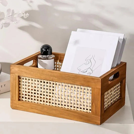 Natural Rattan Solid Wood Storage Box Organiser - 2 Sizes