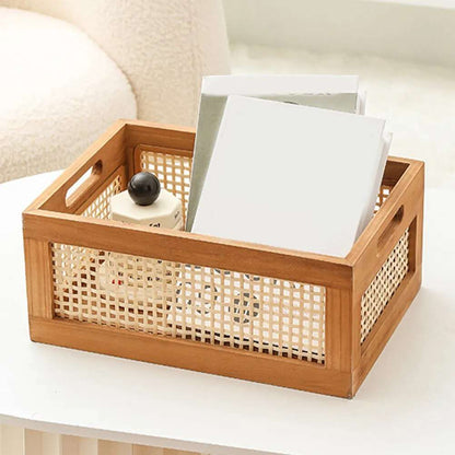 Natural Rattan Solid Wood Storage Box Organiser - 2 Sizes