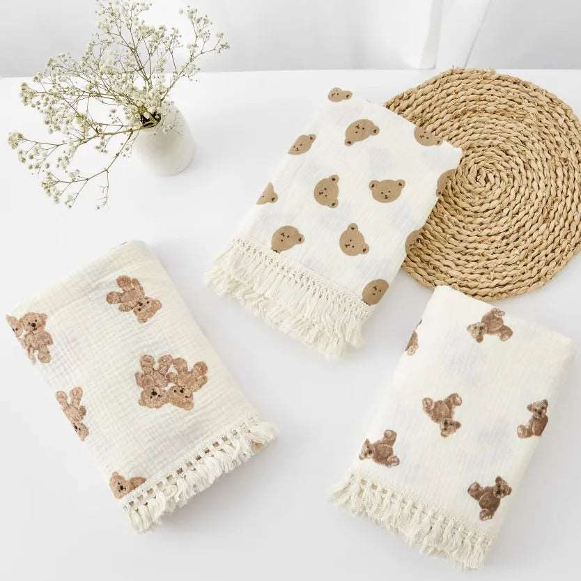 Organic Cotton Baby Muslin Blanket Swaddle with Fringe and Bear Detail - 3 Styles
