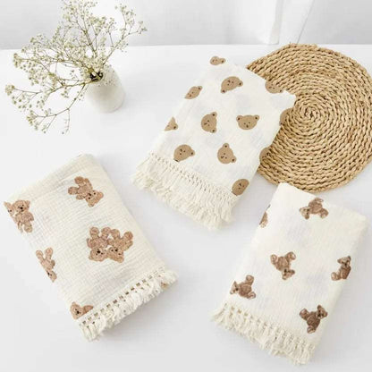 Organic Cotton Baby Muslin Blanket Swaddle with Fringe and Bear Detail - 3 Styles