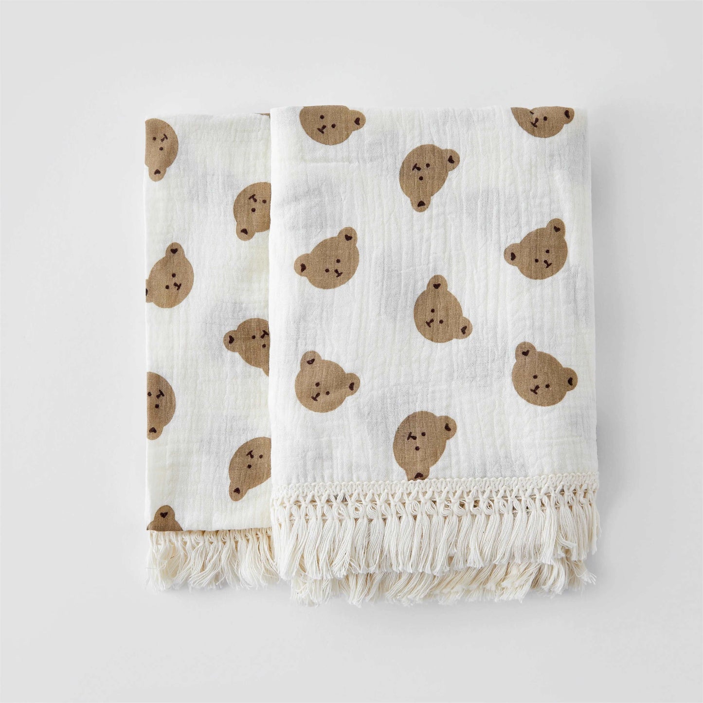 Organic Cotton Baby Muslin Blanket Swaddle with Fringe and Bear Detail - 3 Styles