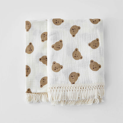 Organic Cotton Baby Muslin Blanket Swaddle with Fringe and Bear Detail - 3 Styles