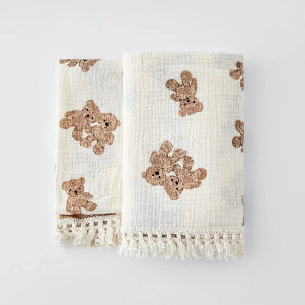 Organic Cotton Baby Muslin Blanket Swaddle with Fringe and Bear Detail - 3 Styles
