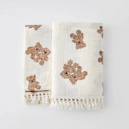 Organic Cotton Baby Muslin Blanket Swaddle with Fringe and Bear Detail - 3 Styles