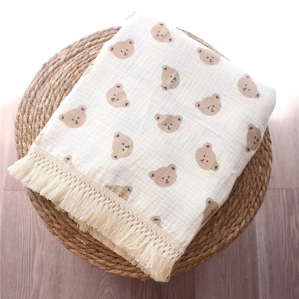 Organic Cotton Baby Muslin Blanket Swaddle with Fringe and Bear Detail - 3 Styles