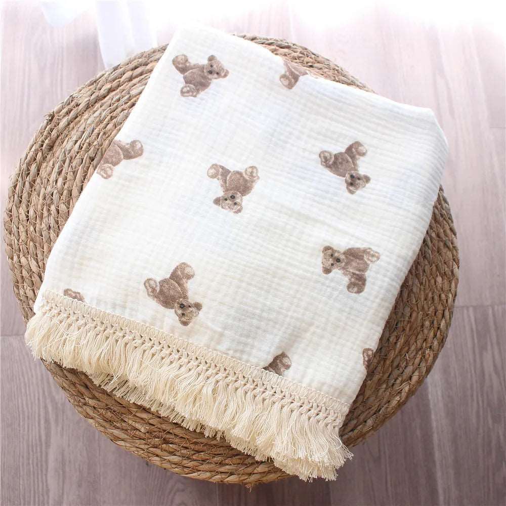 Organic Cotton Baby Muslin Blanket Swaddle with Fringe and Bear Detail - 3 Styles