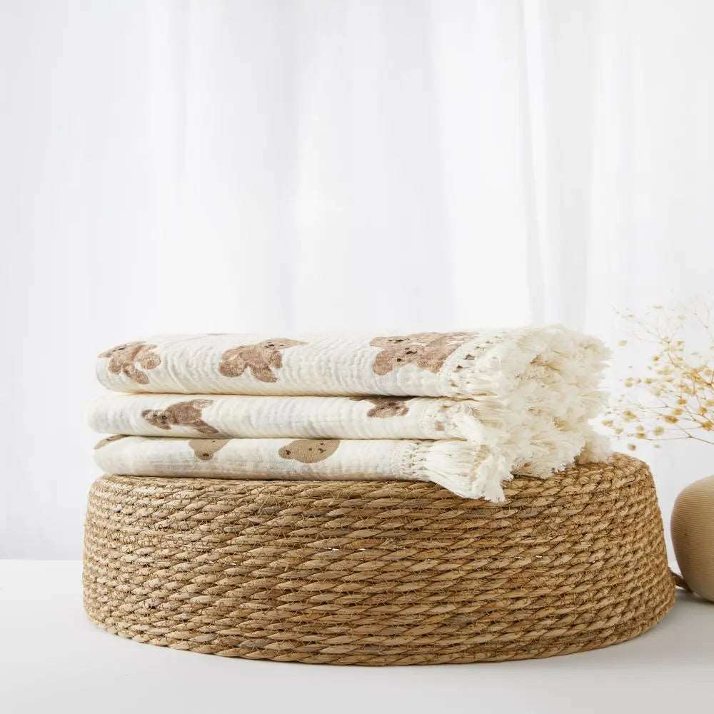 Organic Cotton Baby Muslin Blanket Swaddle with Fringe and Bear Detail - 3 Styles