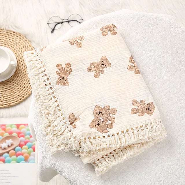 Organic Cotton Baby Muslin Blanket Swaddle with Fringe and Bear Detail - 3 Styles