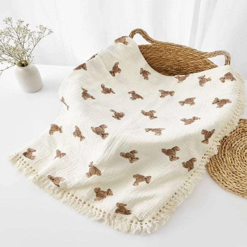 Organic Cotton Baby Muslin Blanket Swaddle with Fringe and Bear Detail - 3 Styles
