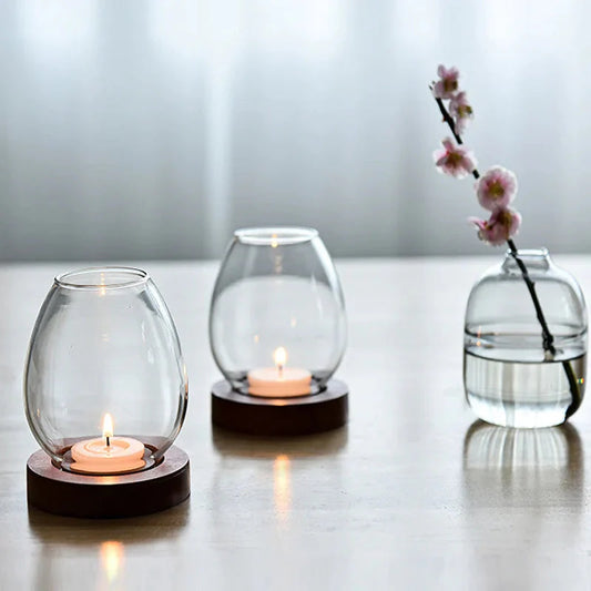 Oval Clear Glass Candle Tea Light Holder With Wood Base - Brown & Black