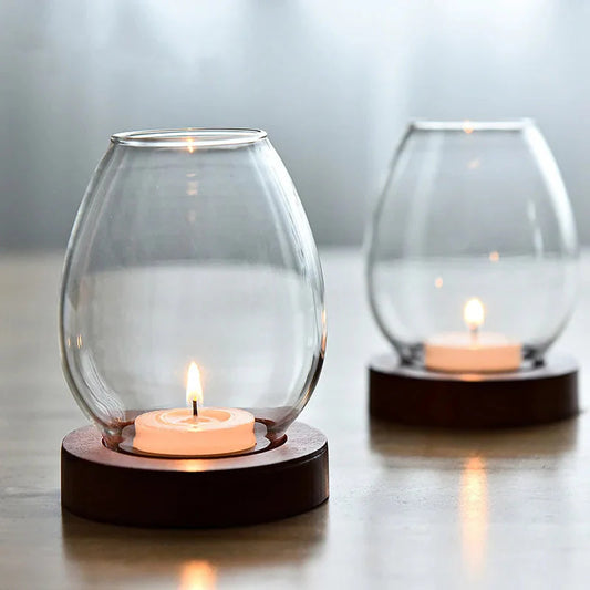 Oval Clear Glass Candle Tea Light Holder With Wood Base - Brown & Black