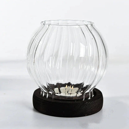 Oval Clear Glass Candle Tea Light Holder With Wood Base - Brown & Black