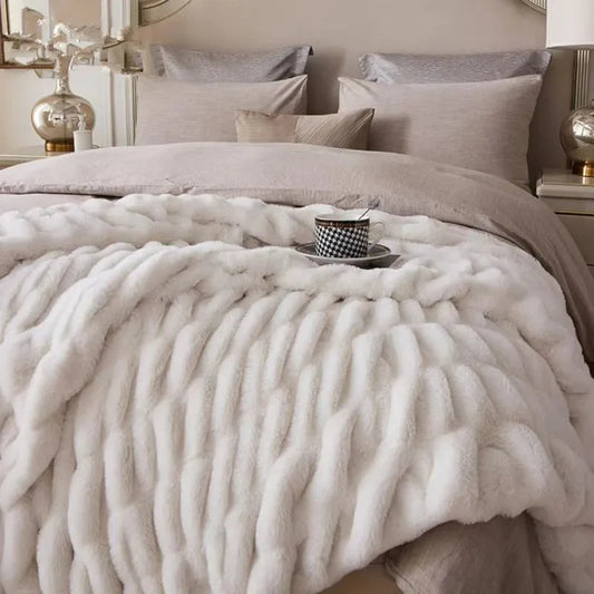 Plush Luxury Faux Rabbit Fur Bedspread Throw - Ivory, Pink, Grey & Blue