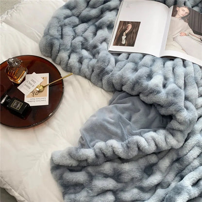 Plush Luxury Faux Rabbit Fur Bedspread Throw - Ivory, Pink, Grey & Blue