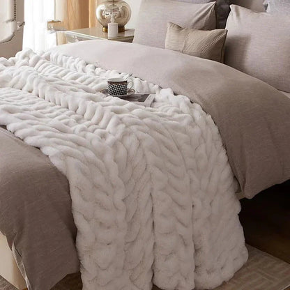 Plush Luxury Faux Rabbit Fur Bedspread Throw - Ivory, Pink, Grey & Blue