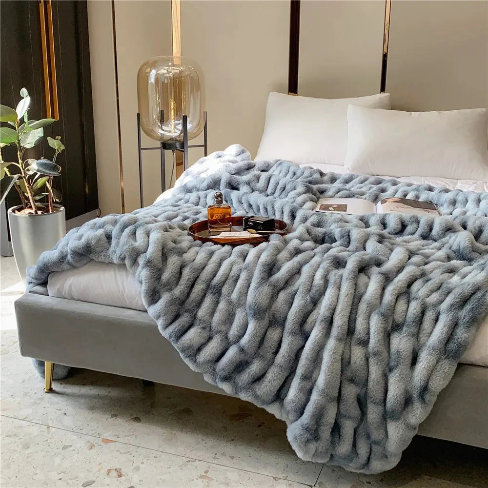 Plush Luxury Faux Rabbit Fur Bedspread Throw - Ivory, Pink, Grey & Blue