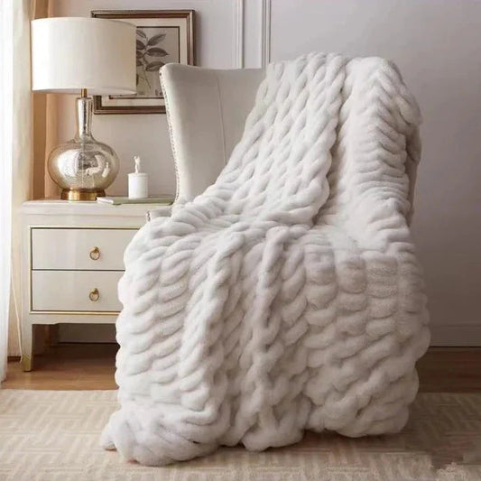 Plush Luxury Faux Rabbit Fur Bedspread Throw - Ivory, Pink, Grey & Blue