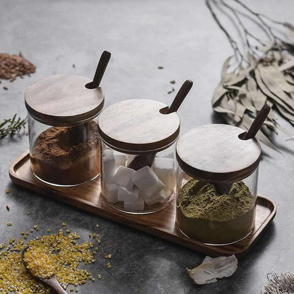Premium Glass Wood Spice Storage Jar with Wood Spoon