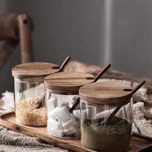 Premium Glass Wood Spice Storage Jar with Wood Spoon
