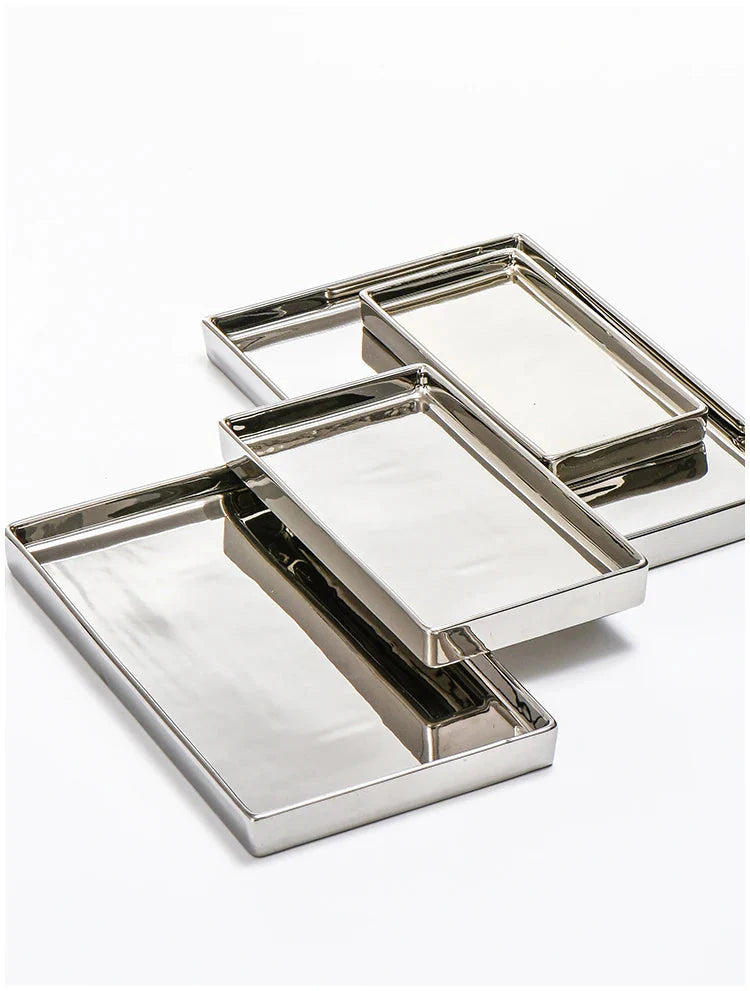 Rectangular Luxury Electroplated Silver Ceramic Tray - 4 Sizes