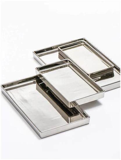 Rectangular Luxury Electroplated Silver Ceramic Tray - 4 Sizes