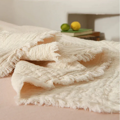 Pure Muslin Cotton Throw with Decorative Pattern & Tassels - White, Beige, Grey & Pink