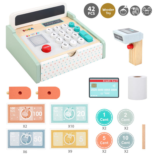 Realistic Wooden Cash Register Playset for Kids