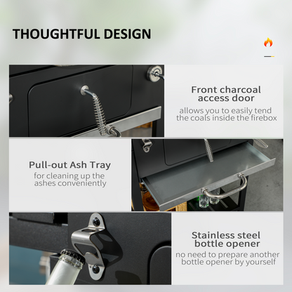 Ultimate Charcoal BBQ Smoker Trolley with Wheels & Shelves