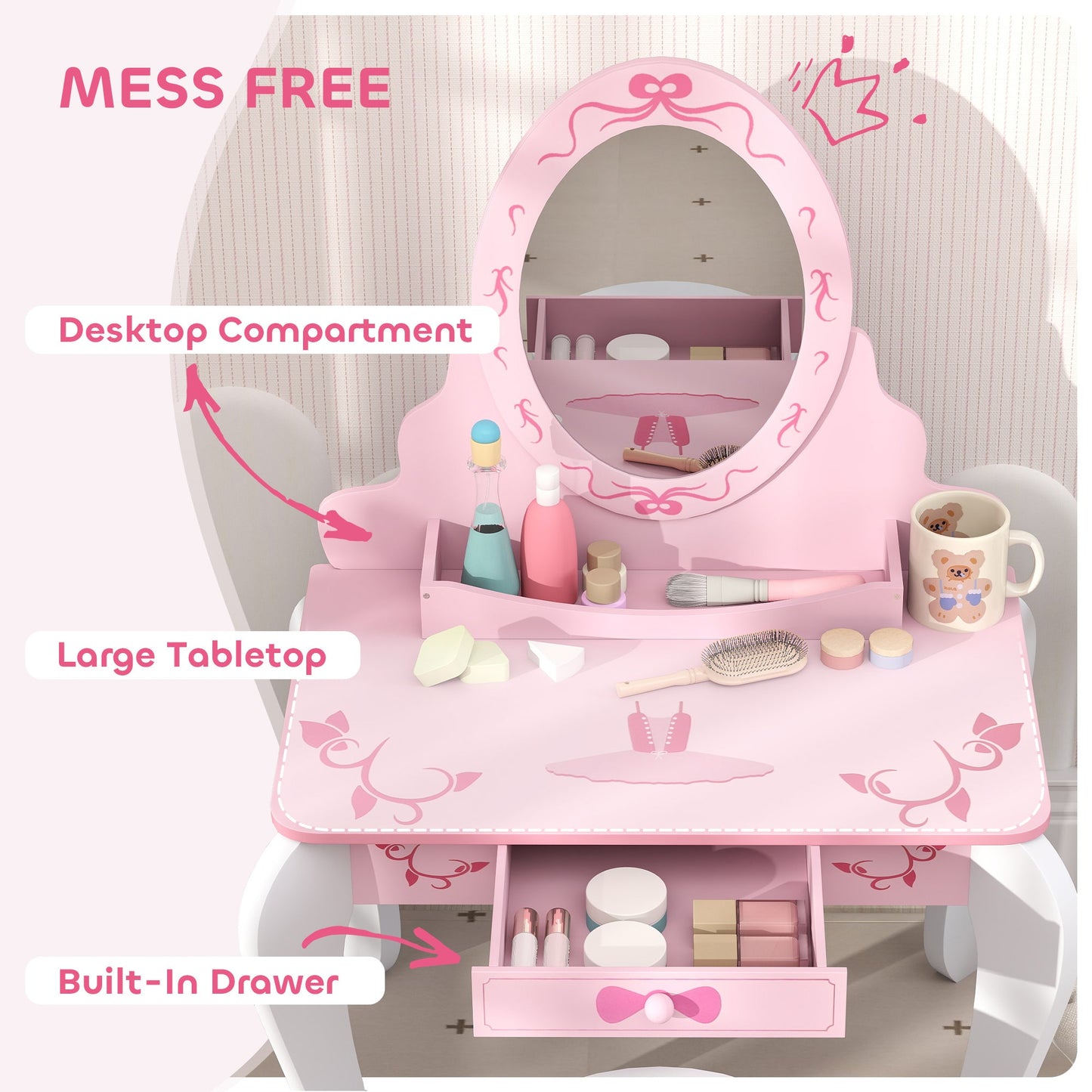 Enchanting Ballet Print Kids Vanity Set with Safe Mirror & Storage Solutions